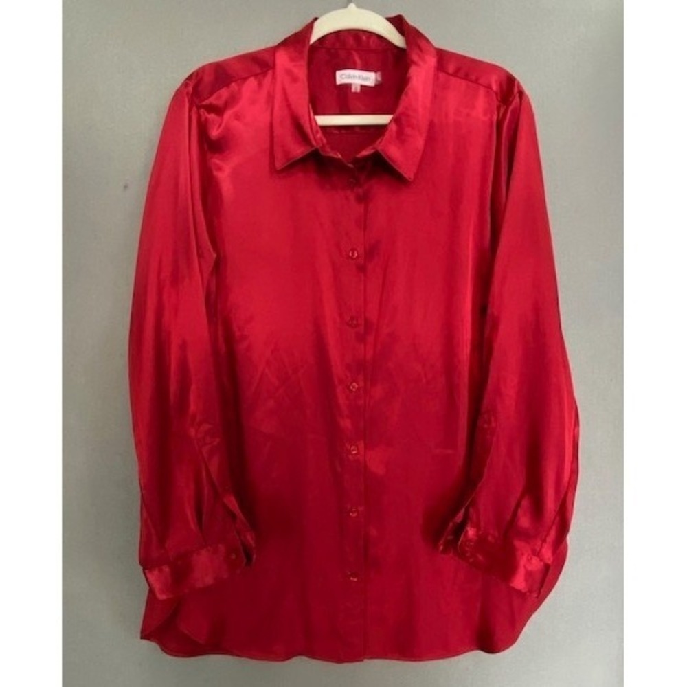 Calvin Klein Red Satin Button Down Blouse Long Sleeve Collared Shirt XL M2XAJ584